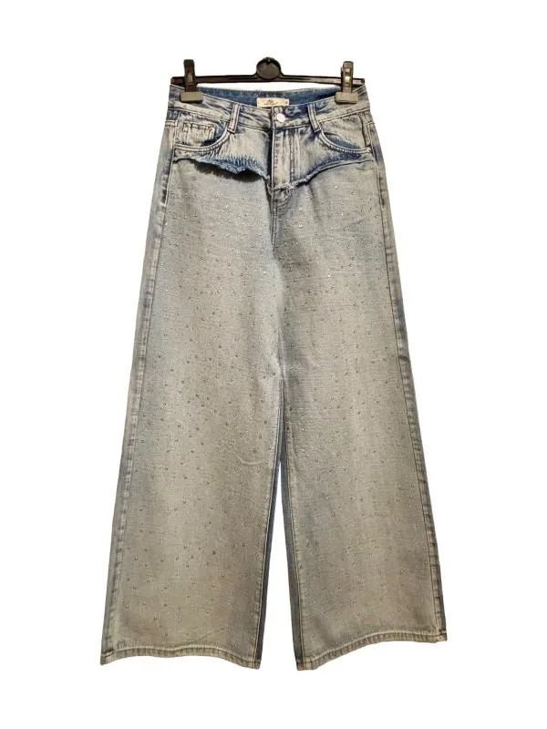 Blugi Mochy M | Albastru, Lungi, Talie înaltă, Wide Leg fit, Cu aplicații Broderie