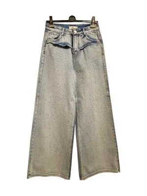 Blugi Mochy M | Albastru, Lungi, Talie înaltă, Wide Leg fit, Cu aplicații Broderie