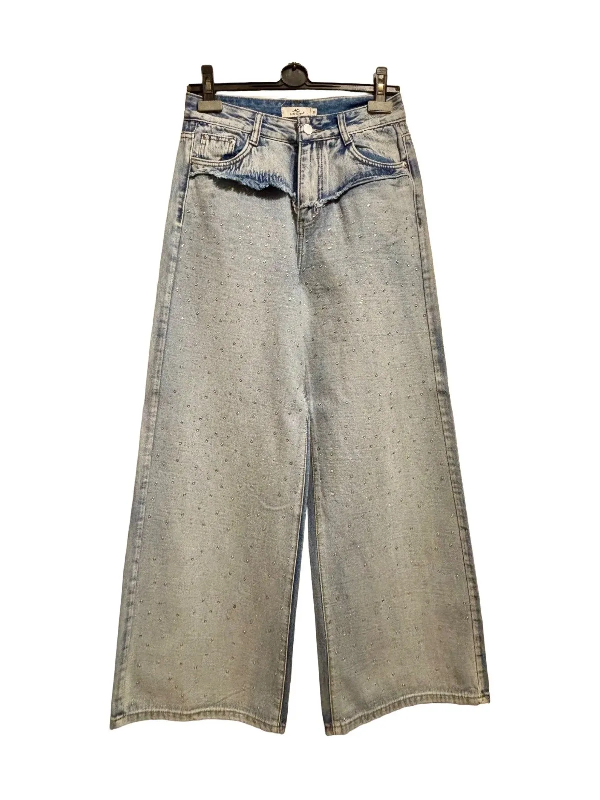 Blugi Wide Leg fit Mochy M | Albastru, Lungi, Talie înaltă, Cu aplicații   Broderie