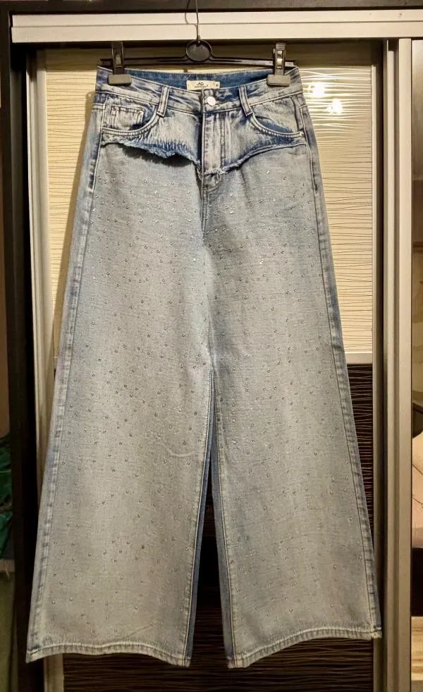 Blugi Mochy M | Albastru, Lungi, Talie înaltă, Wide Leg fit, Cu aplicații Broderie - Image 9