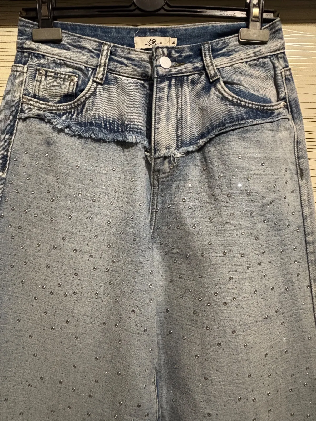 Blugi Mochy M | Albastru, Lungi, Talie înaltă, Wide Leg fit, Cu aplicații Broderie - Image 5