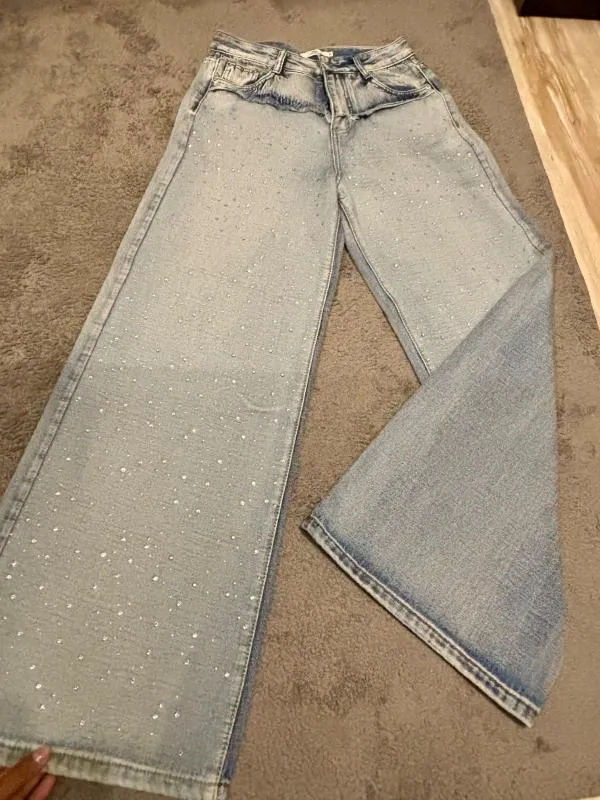 Blugi Mochy M | Albastru, Lungi, Talie înaltă, Wide Leg fit, Cu aplicații Broderie - Image 6