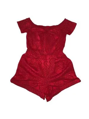 Salopetă QUIZ S-M | Roșu, Scurtă, Mânecă scurtă, Pietre decorative, Poliester