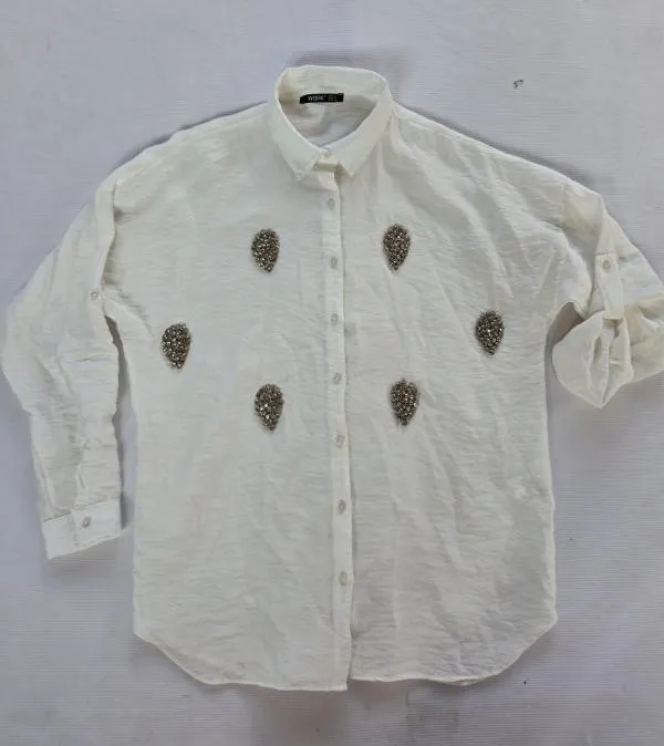 Cămașă Work S | Crem, Normal, Mânecă lungă, Oversize fit, Monocrom, Pietre decorative, Bumbac - Image 9