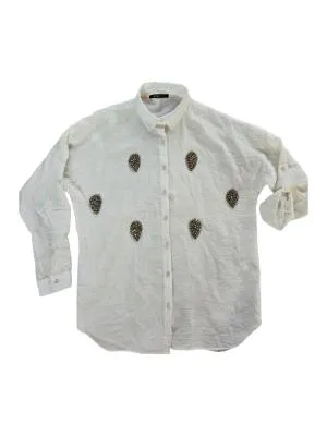 Cămașă Work S | Crem, Normal, Mânecă lungă, Oversize fit, Monocrom, Pietre decorative, Bumbac