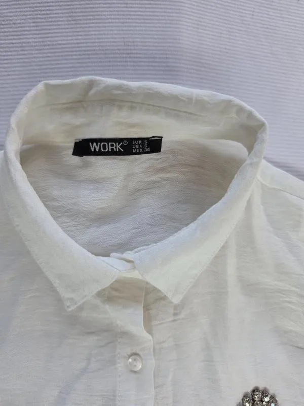 Cămașă Work S | Crem, Normal, Mânecă lungă, Oversize fit, Monocrom, Pietre decorative, Bumbac - Image 3