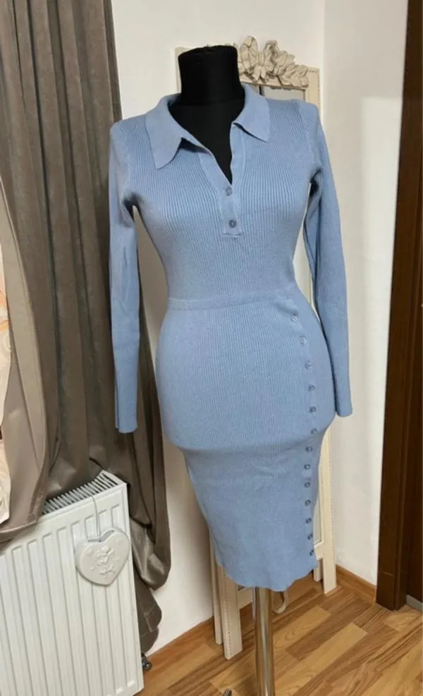 Rochie office S-M | Bleu, Midi, Mânecă lungă, Poliester - Image 2