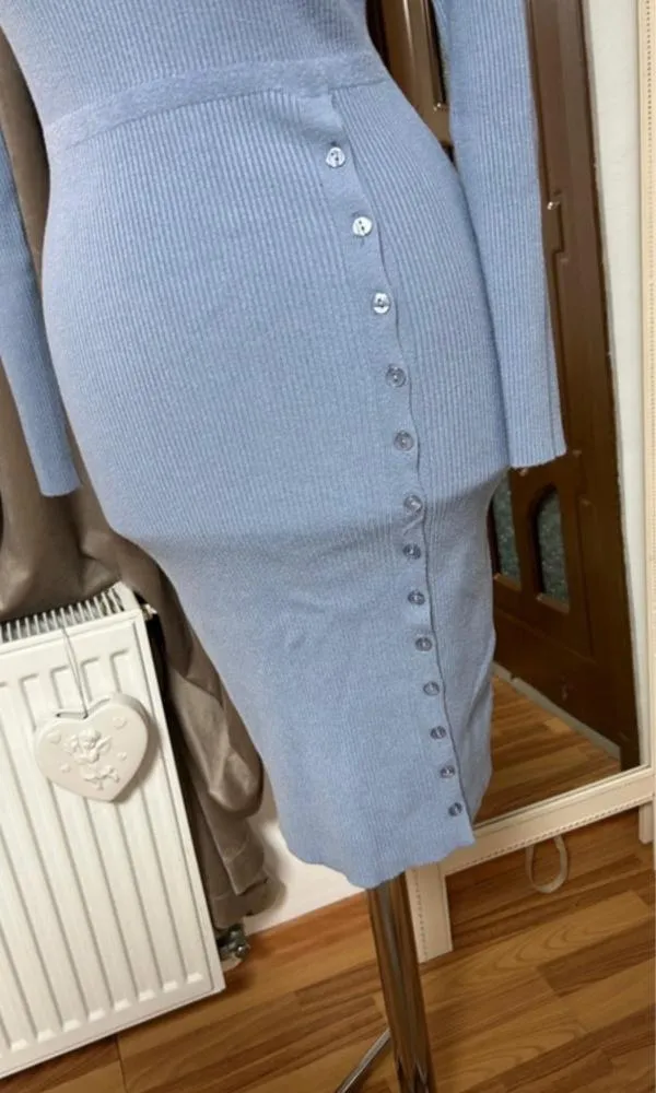 Rochie office S-M | Bleu, Midi, Mânecă lungă, Poliester - Image 3