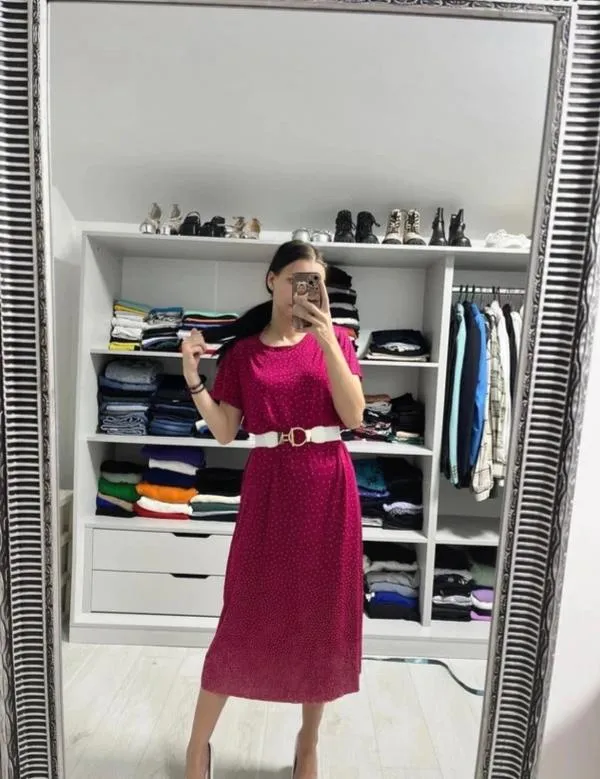 Rochie casual Marina Rinaldi L | Fuchsia, Maxi, Mânecă scurtă, Buline & Imprimeuri mici, Poliamidă - Image 3
