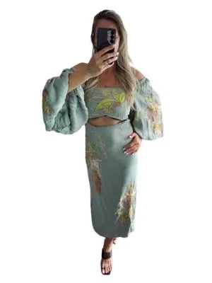 Rochie de seară ASOS M | Verde mentă, Midi, Mânecă lungă, Floral & Tropical, Broderie, Vâscoză