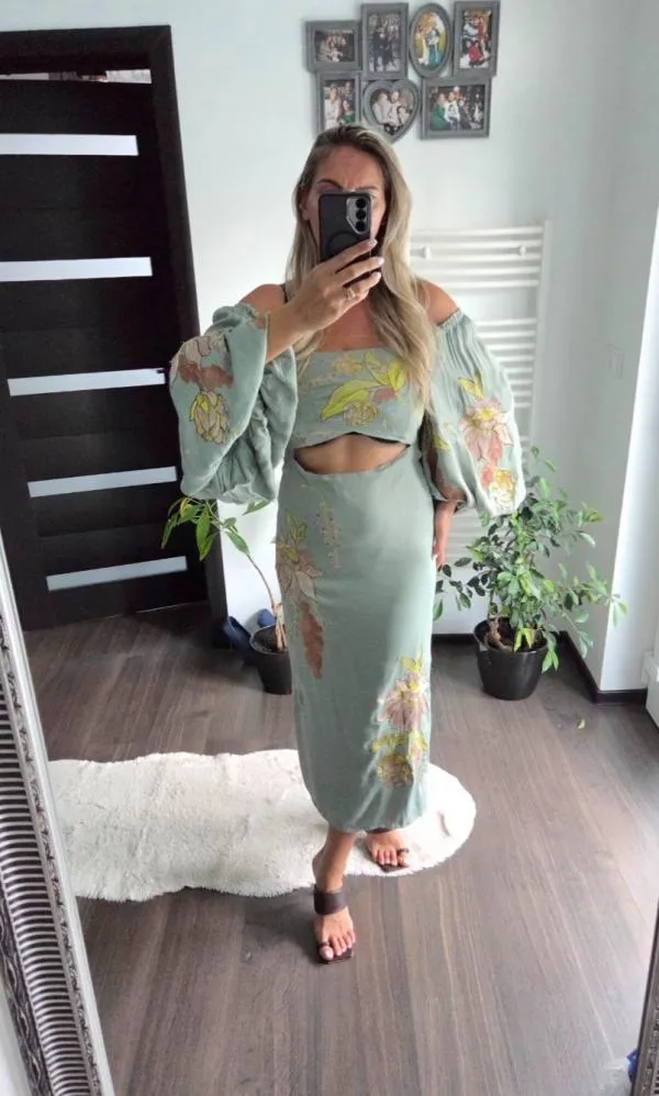 Rochie de seară ASOS M | Verde mentă, Midi, Mânecă lungă, Floral & Tropical, Broderie, Vâscoză - Image 3