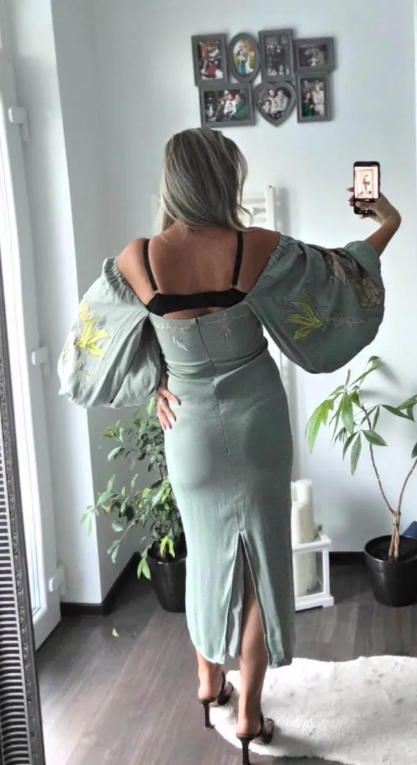 Rochie de seară ASOS M | Verde mentă, Midi, Mânecă lungă, Floral & Tropical, Broderie, Vâscoză - Image 4