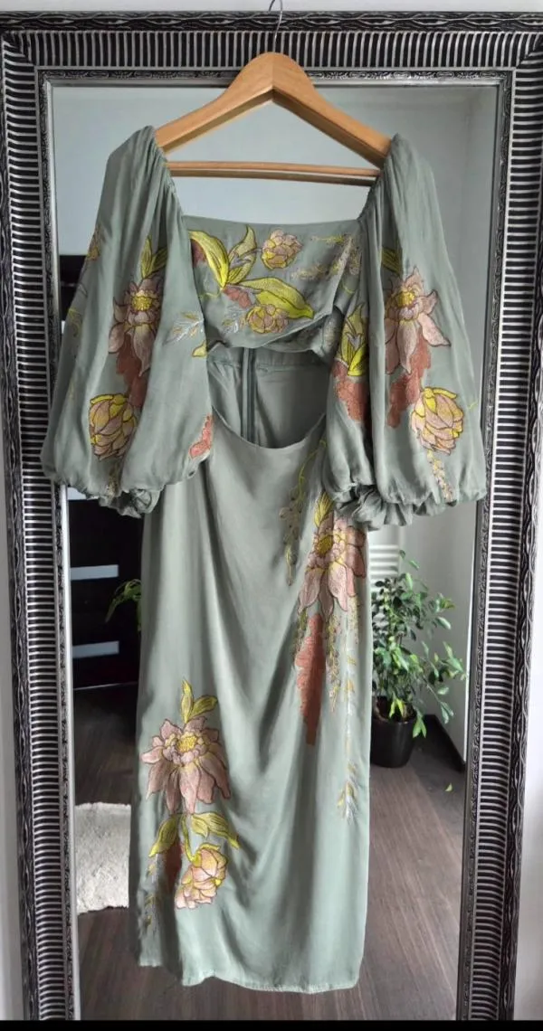 Rochie de seară ASOS M | Verde mentă, Midi, Mânecă lungă, Floral & Tropical, Broderie, Vâscoză - Image 5