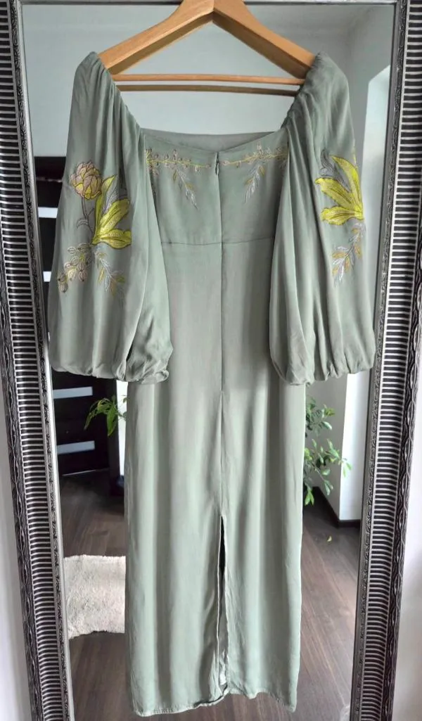 Rochie de seară ASOS M | Verde mentă, Midi, Mânecă lungă, Floral & Tropical, Broderie, Vâscoză - Image 6