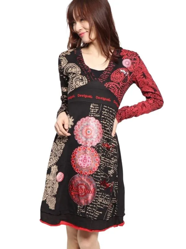 Rochie fit & flare Desigual S | Negru, Midi, Mânecă lungă, Oriental & Paisley
