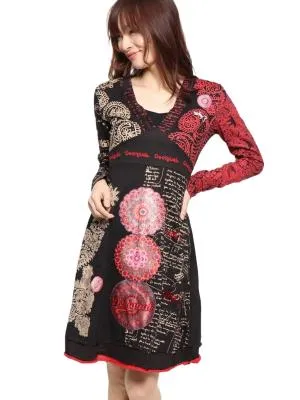 Rochie fit & flare Desigual S | Negru, Midi, Mânecă lungă, Oriental & Paisley