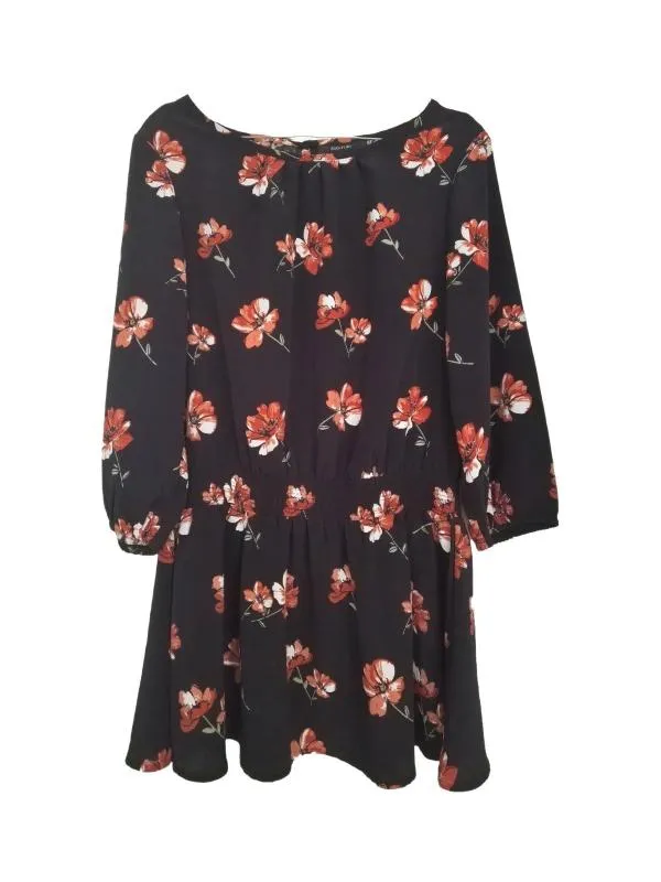 Rochie casual Bodyflirt EU 38 | Negru, Mini, Mânecă trei sferturi, Floral & Tropical, Poliester
