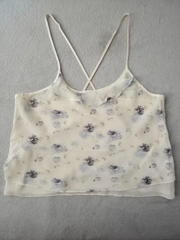 Top camisole Cropped (Scurt) Queentex S-M | Alb, Regular   Standard fit, Floral & Tropical, Volane, Mătase - Image 6