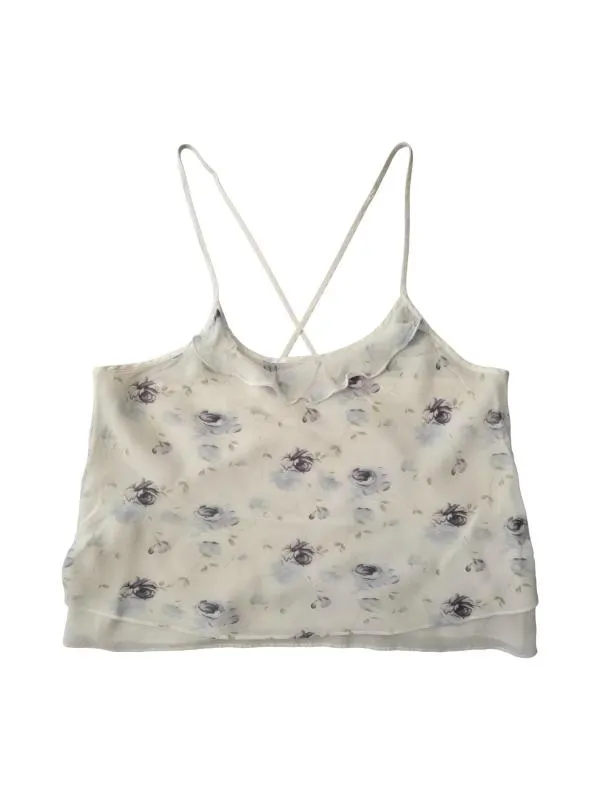 Top camisole Cropped (Scurt) Queentex S-M | Alb, Regular   Standard fit, Floral & Tropical, Volane, Mătase