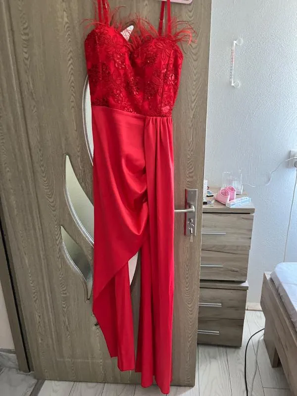 Rochie de seară Maxi Foggi S | Roșu, Bretele subțiri, Satinat - Image 8
