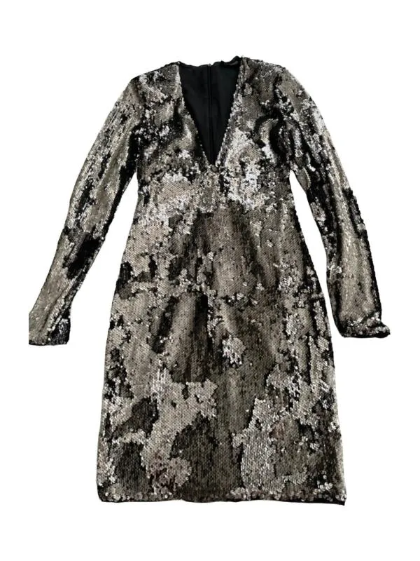 Rochie de seară Mini Bershka S | Argintiu, Mânecă lungă, Paiete
