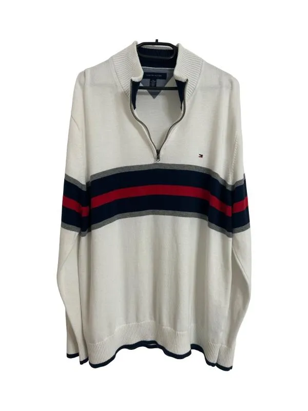 Pulover cu guler înalt Tommy Hilfiger XXL | Alb, Dungi, Bumbac