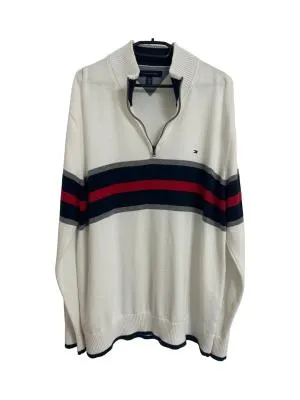 Pulover cu guler înalt Tommy Hilfiger XXL | Alb, Dungi, Bumbac