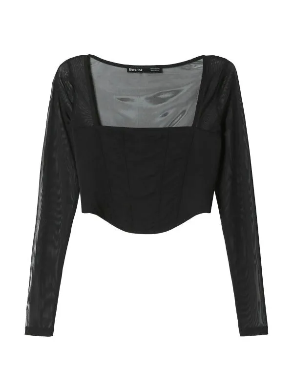 Bluză Cropped (Scurt) Bershka S | Negru, Mânecă lungă, Regular   Standard fit, Transparent, Poliester