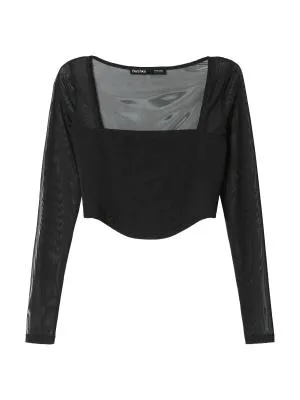 Bluză Cropped (Scurt) Bershka S | Negru, Mânecă lungă, Regular Standard fit, Transparent, Poliester