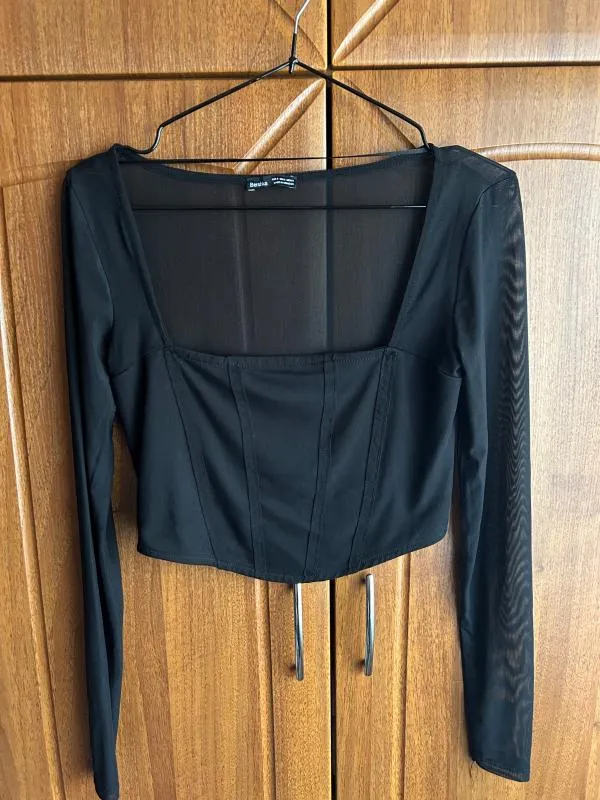 Bluză Cropped (Scurt) Bershka S | Negru, Mânecă lungă, Regular   Standard fit, Transparent, Poliester - Image 2