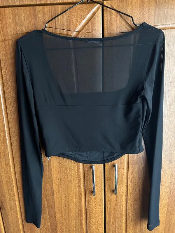 Bluză Cropped (Scurt) Bershka S | Negru, Mânecă lungă, Regular   Standard fit, Transparent, Poliester - Image 6