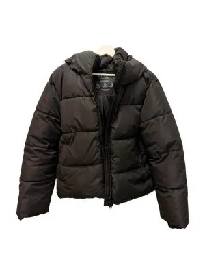 Geacă de iarnă Stradivarius M | Negru, Cu glugă, Poliester