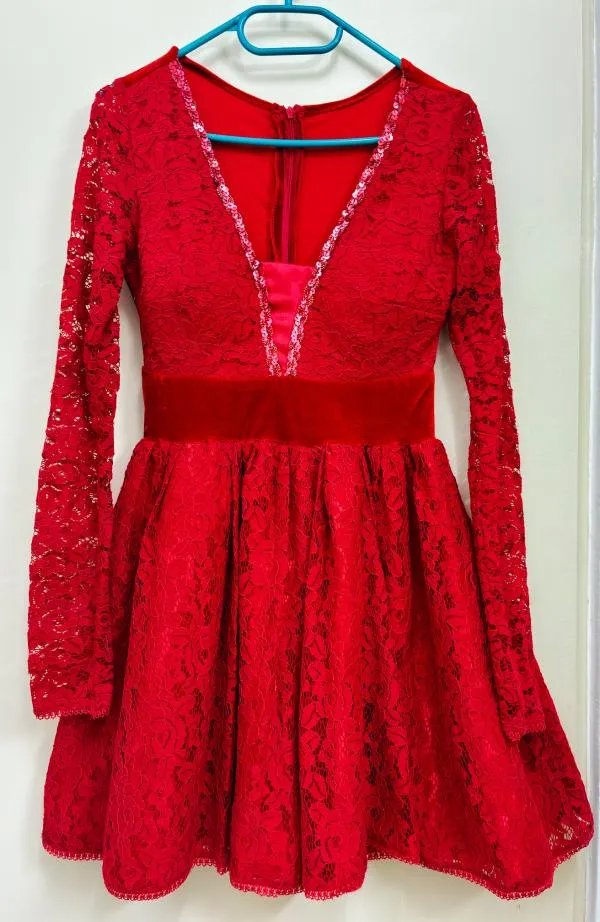 Rochie de seară Mini S | Roșu, Mânecă lungă, Dantelă, Poliester - Image 10
