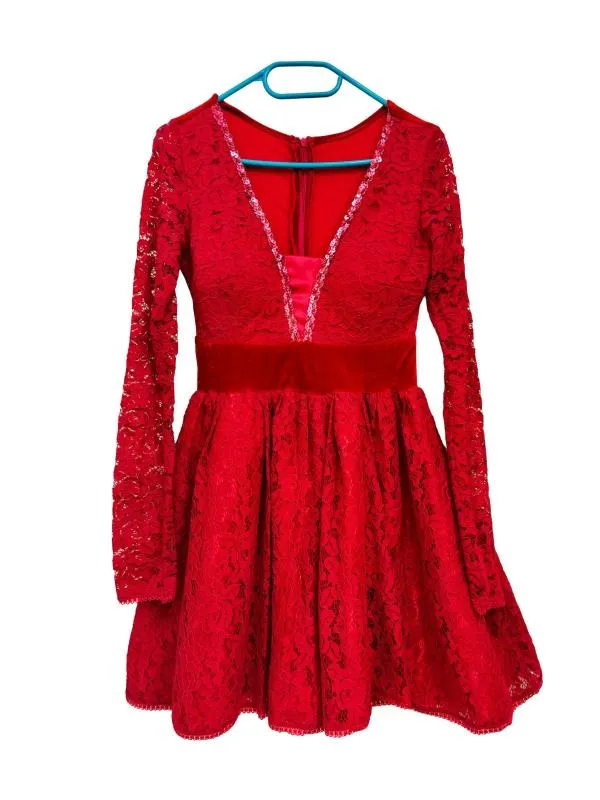 Rochie de seară Mini S | Roșu, Mânecă lungă, Dantelă, Poliester