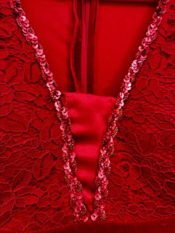 Rochie de seară Mini S | Roșu, Mânecă lungă, Dantelă, Poliester - Image 2
