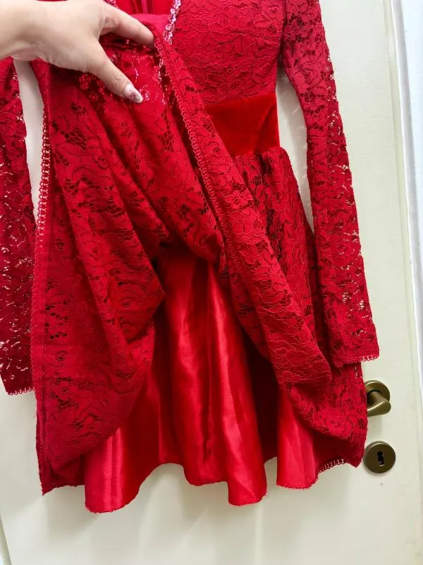 Rochie de seară Mini S | Roșu, Mânecă lungă, Dantelă, Poliester - Image 3