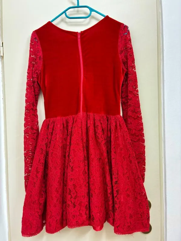 Rochie de seară Mini S | Roșu, Mânecă lungă, Dantelă, Poliester - Image 4