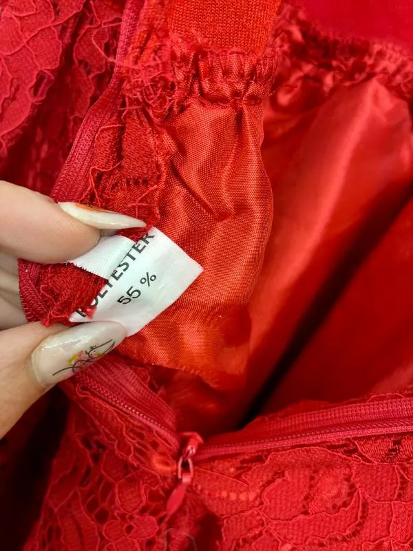 Rochie de seară Mini S | Roșu, Mânecă lungă, Dantelă, Poliester - Image 6