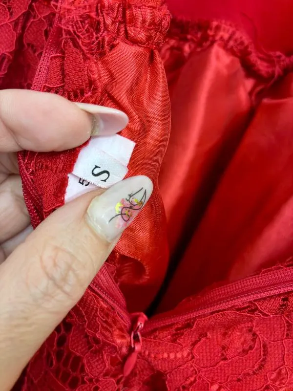 Rochie de seară Mini S | Roșu, Mânecă lungă, Dantelă, Poliester - Image 8