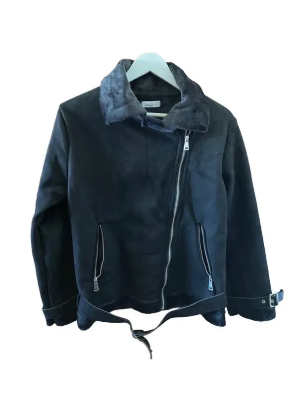 Geacă biker My Bella Butik S | Negru, Fără glugă, Monocrom, Piele întoarsă Suede