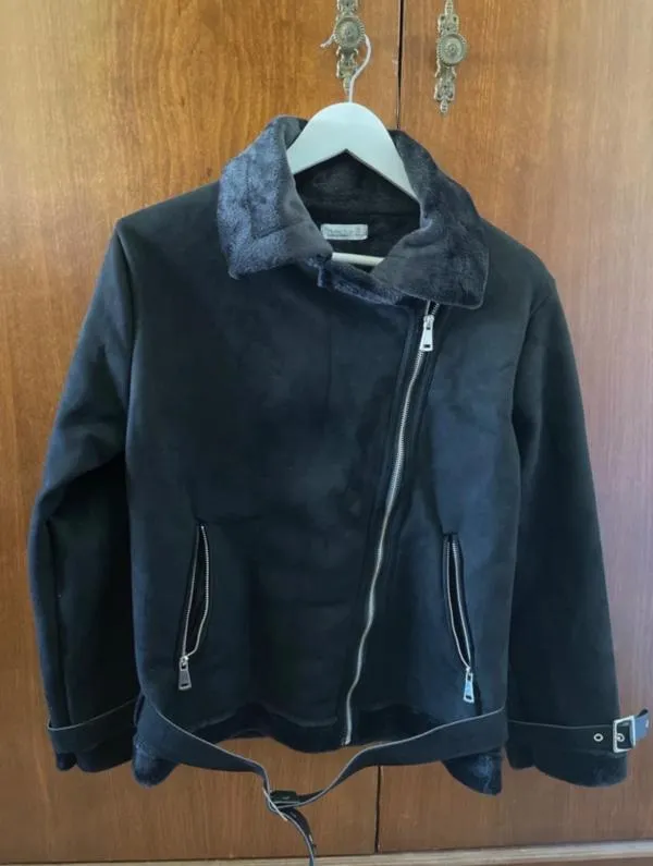 Geacă biker My Bella Butik S | Negru, Fără glugă, Monocrom, Piele întoarsă Suede - Image 5