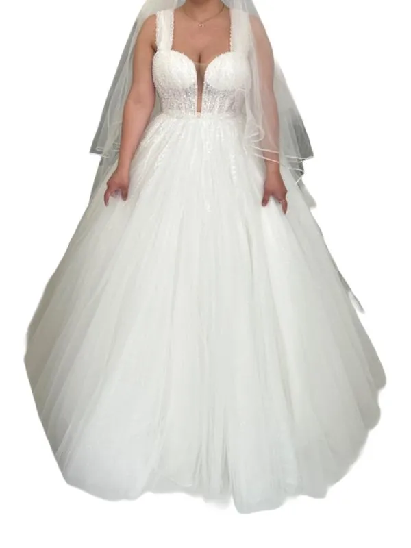 Rochie de ocazie Maxi M | Alb, Fără mâneci, Pietre decorative, Poliester