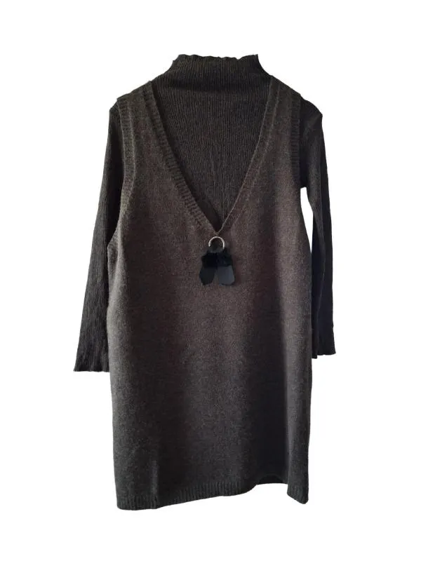 Set bluză cu vestă tip sarafan XL | Maro, Lung, Mulat Cambrat fit, Monocrom