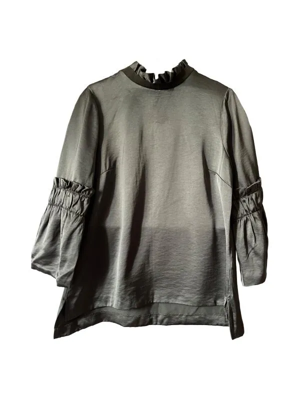 Bluză Ted Baker EU 40 | Khaki, Normal, Mânecă lungă, Relaxed Lejer fit, Monocrom, Pliuri, Vâscoză