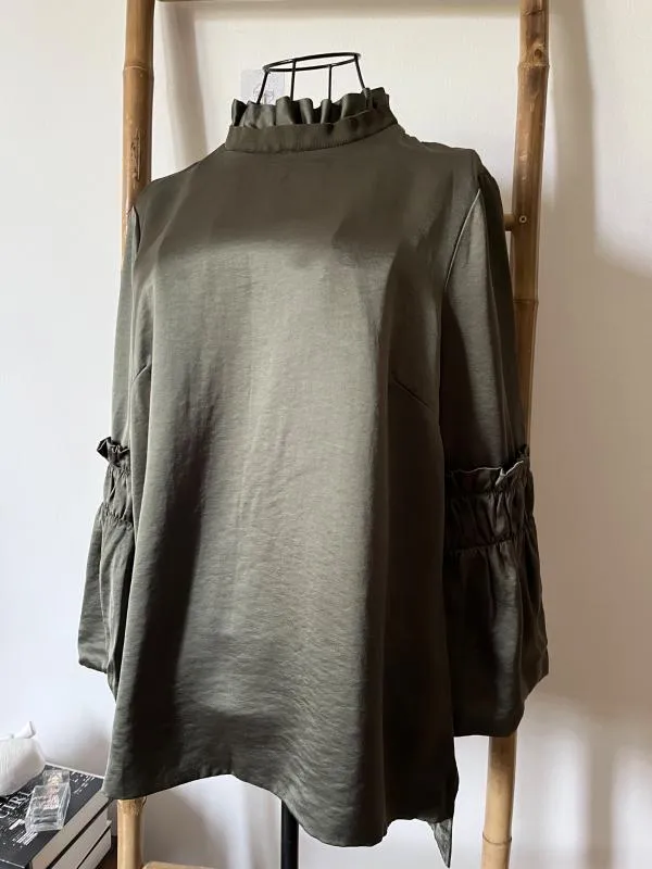 Bluză Ted Baker EU 40 | Khaki, Normal, Mânecă lungă, Relaxed Lejer fit, Monocrom, Pliuri, Vâscoză - Image 9