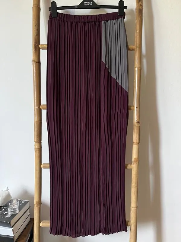 Fustă Maxi Stefanel S | Burgundy, Talie medie, Plisată fit, Abstract & Color Block, Pliuri, Mătase - Image 2