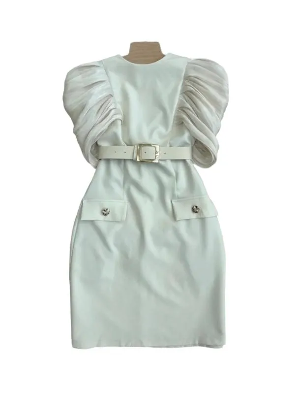 Rochie de seară Mini S | Alb, Mânecă scurtă, Bumbac