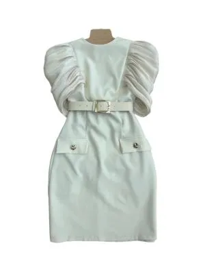 Rochie de seară Mini S | Alb, Mânecă scurtă, Bumbac