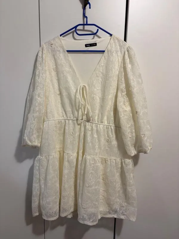 Rochie de ocazie Mini Sinsay XXL | Crem, Mânecă trei sferturi, Dantelă, Bumbac - Image 2