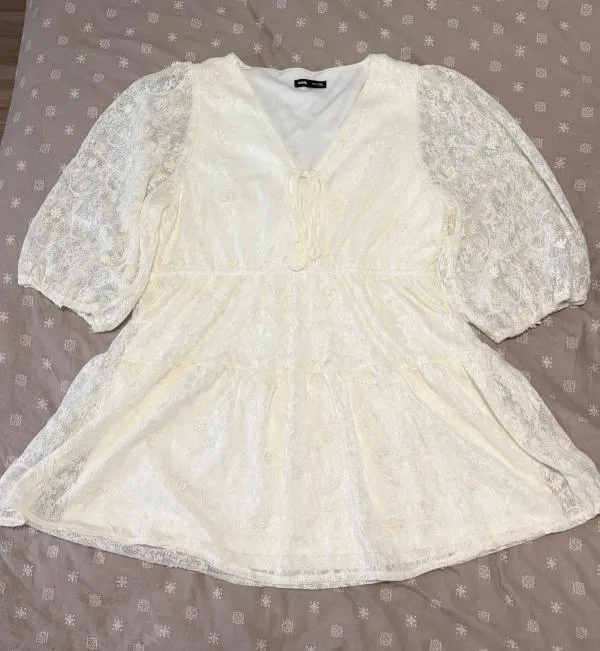 Rochie de ocazie Mini Sinsay XXL | Crem, Mânecă trei sferturi, Dantelă, Bumbac - Image 8